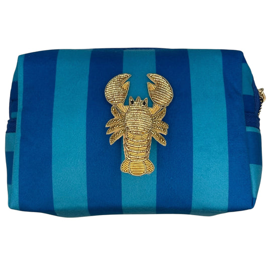 Large blue stripe makeup bag with Lobster brooch