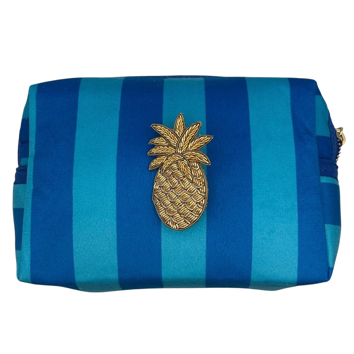 Large blue stripe makeup bag with Pineapple brooch