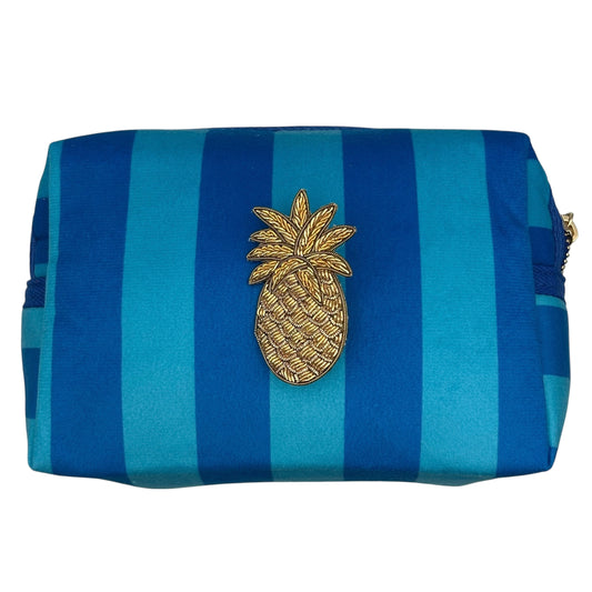 Large blue stripe makeup bag with Pineapple brooch
