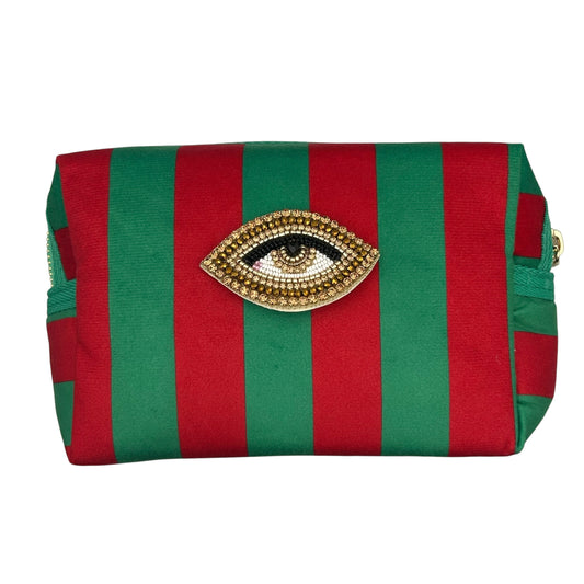 Large green stripe makeup bag with Gold Sparkle Eye brooch