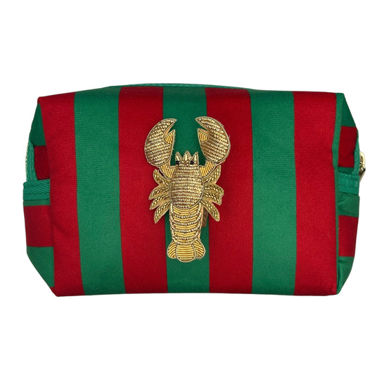 Large green stripe makeup bag with Lobster brooch