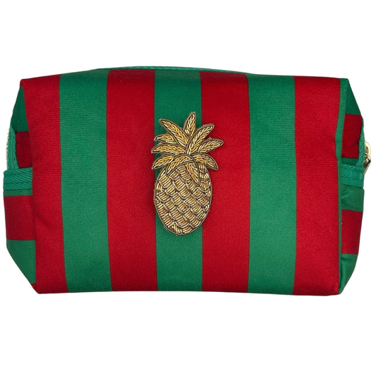 Large green stripe makeup bag with Pineapple brooch