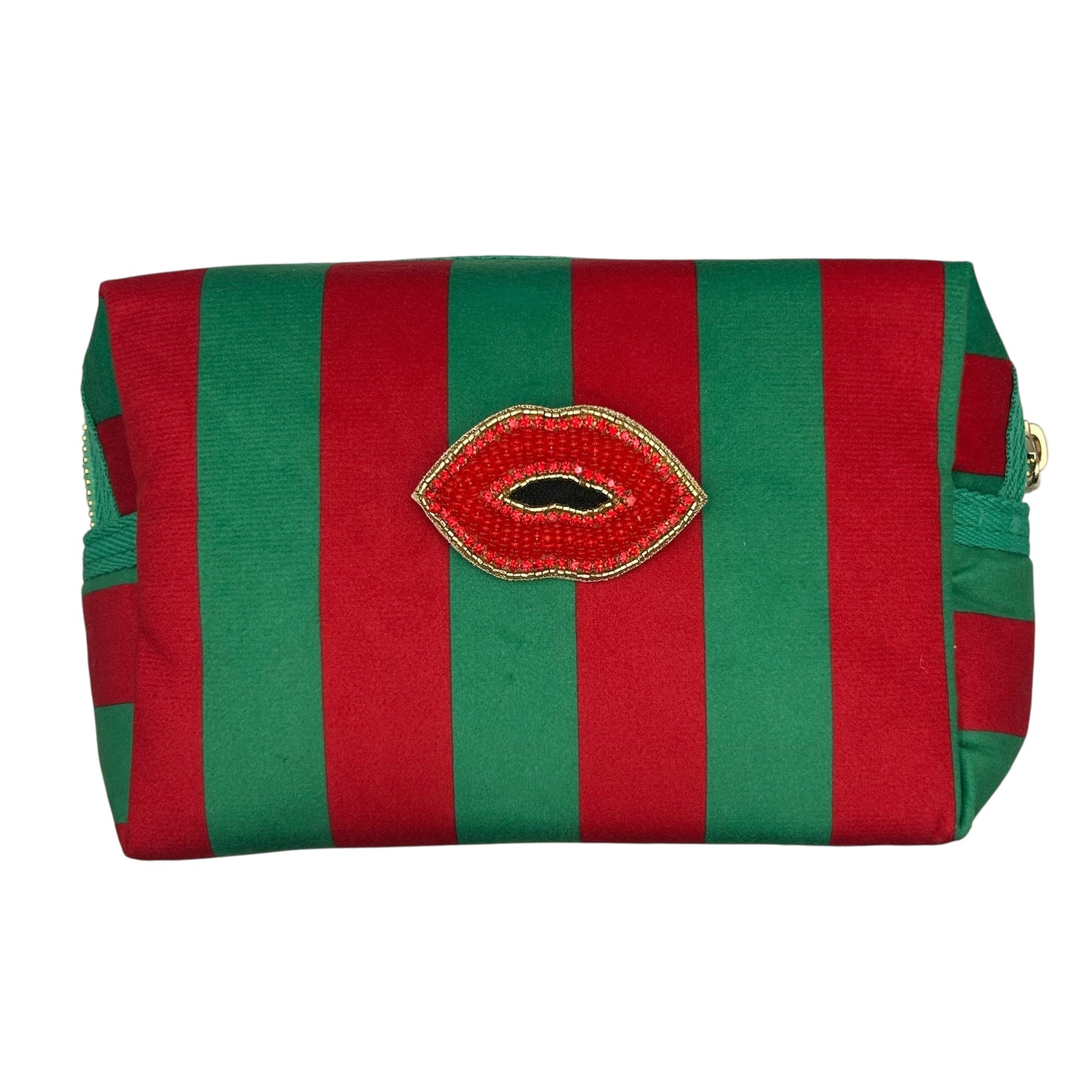 Large green stripe makeup bag with Red Lips brooch