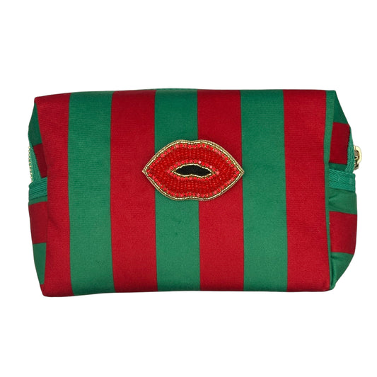 Large green stripe makeup bag with Red Lips brooch