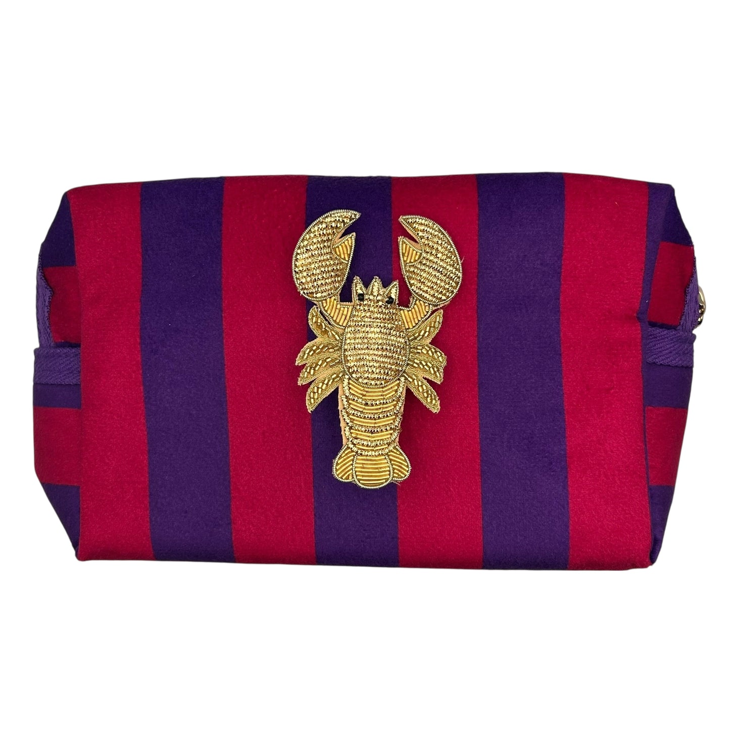 Large purple stripe makeup bag with Lobster brooch