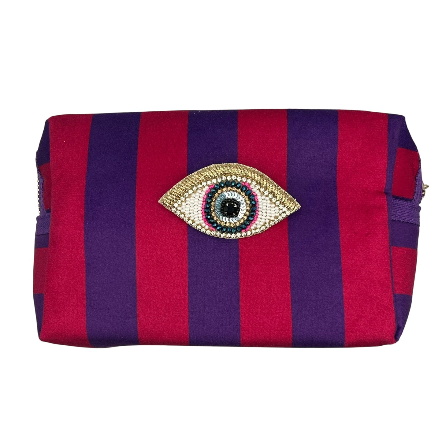 Large purple stripe makeup bag with Golden Eye brooch