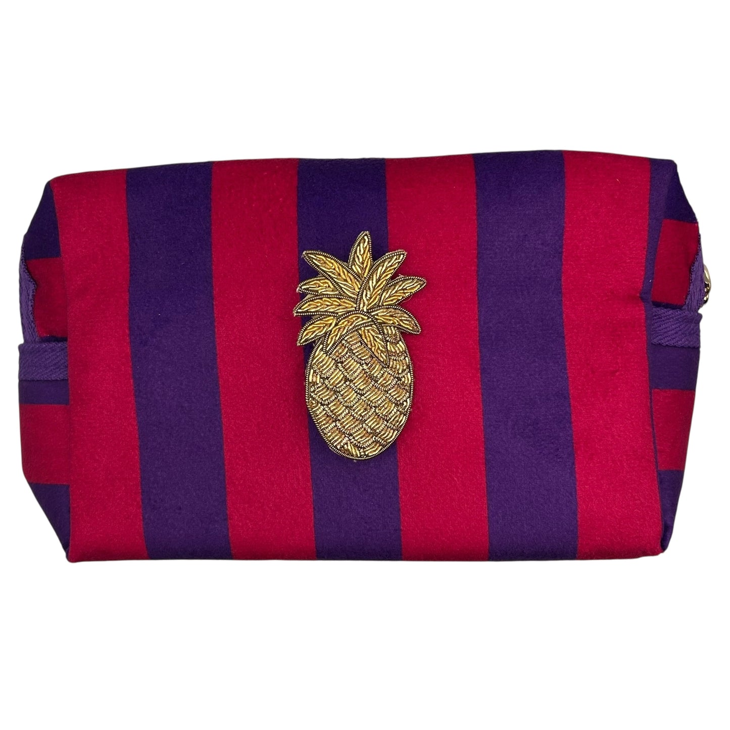 Large purple stripe makeup bag with Pineapple brooch