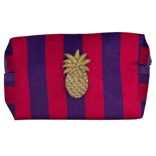 Large purple stripe makeup bag with Pineapple brooch