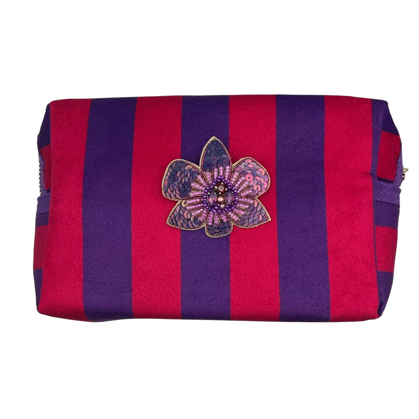 Large purple stripe makeup bag with Purple Flower brooch