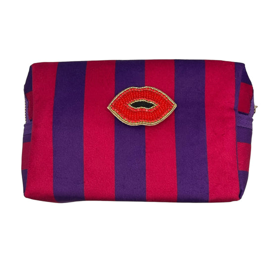 Large purple stripe makeup bag with Red Lips brooch