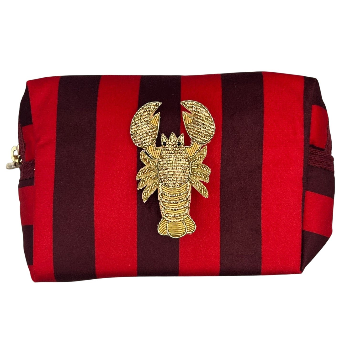 Large red stripe makeup bag with Lobster brooch