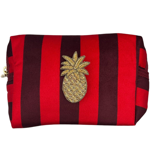 Large red stripe makeup bag with Pineapple brooch