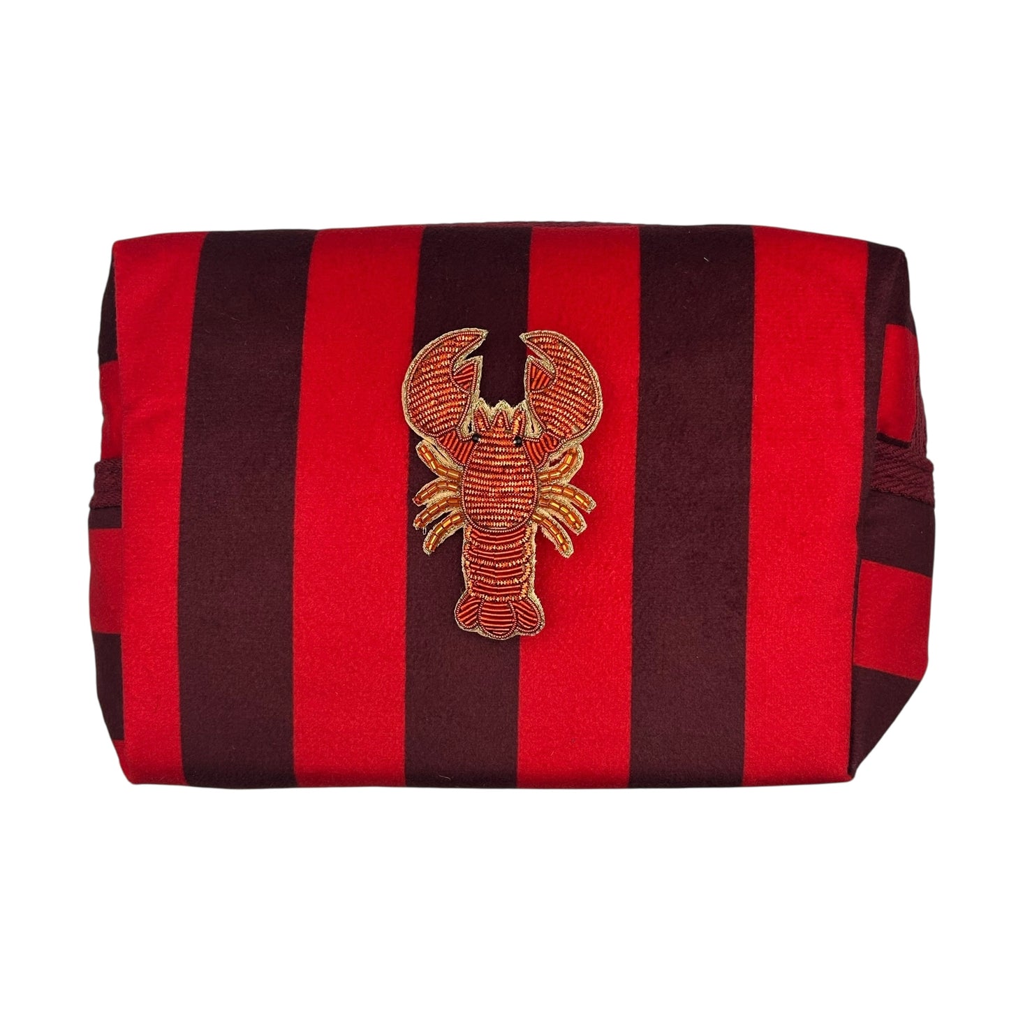 Large red stripe makeup bag with Red Lobster brooch