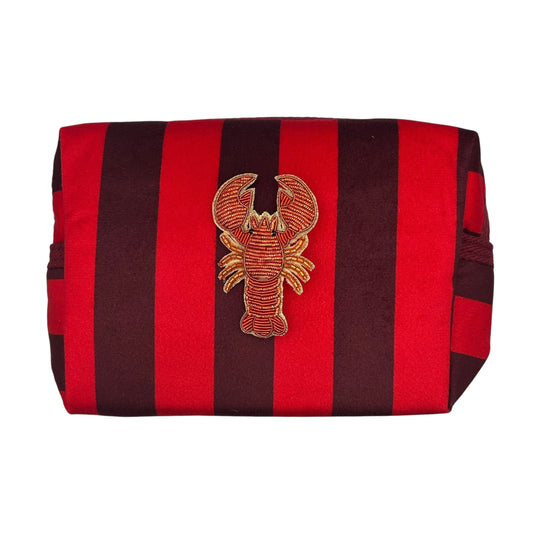 Large red stripe makeup bag with Red Lobster brooch