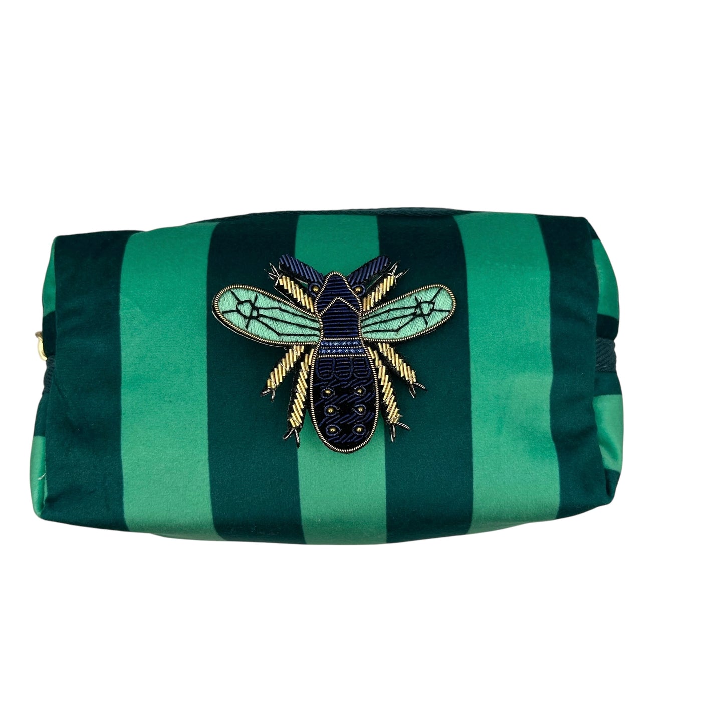 Teal stripe makeup bag with Royal Blue Insect pin