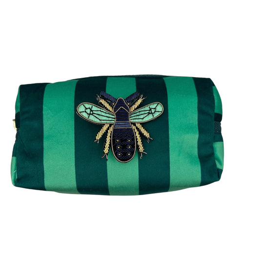 Teal stripe makeup bag with Royal Blue Insect pin