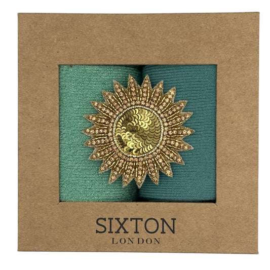 Mint Vegas & Ice Blue Sienna sock box duo with embroidered brooch