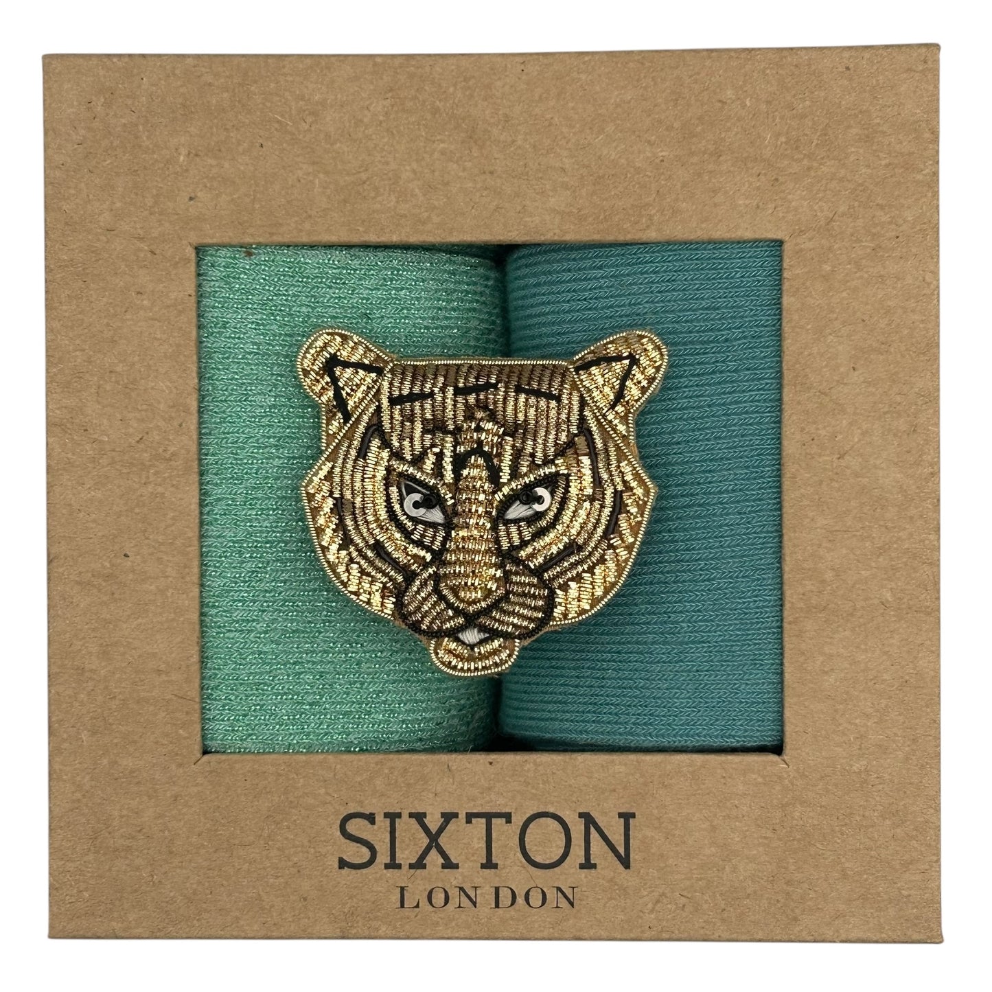 Mint Vegas & Ice Blue Sienna sock box duo with embroidered brooch