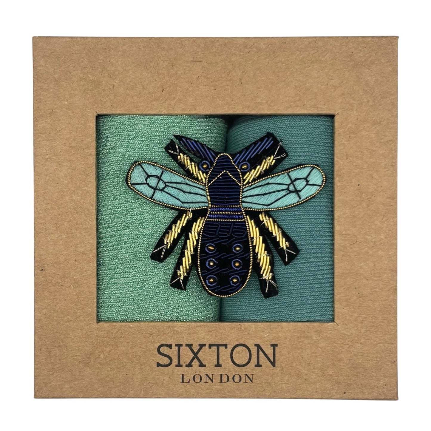 Mint Vegas & Ice Blue Sienna sock box duo with embroidered brooch
