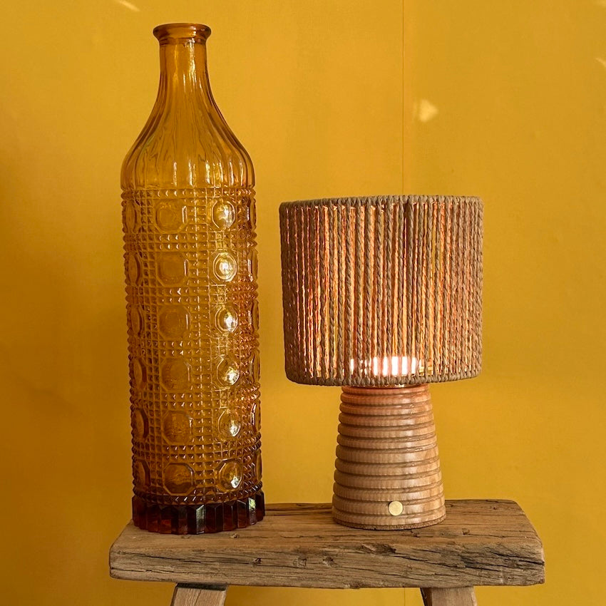 Small Ribbed Beech rechargeable touch lamp Drum Rope shade