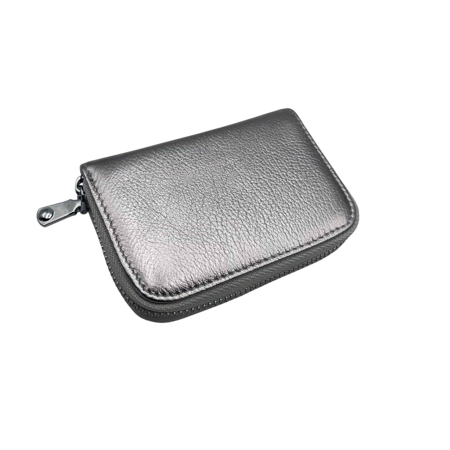 Small Silver Leather Card Holder - matte metallic