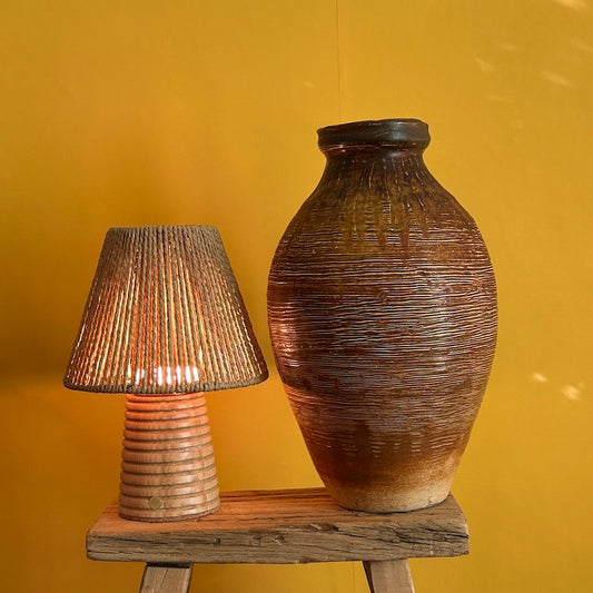 Small Ribbed Beech rechargeable touch lamp Cone Rope shade