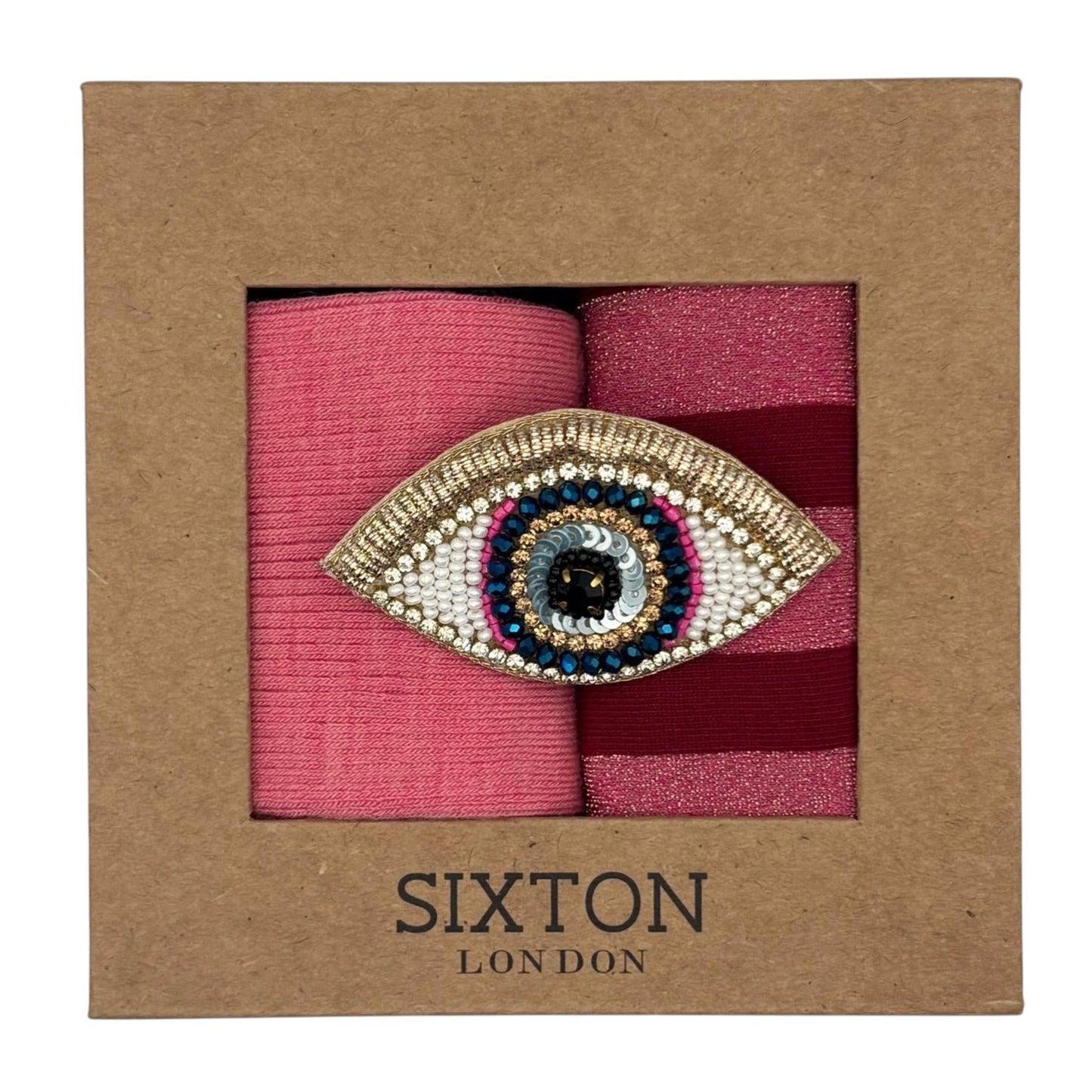 Pink Barcelona & Red Berlin sock box duo with embroidered brooch