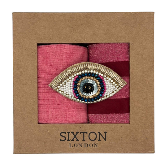 Pink Barcelona & Red Berlin sock box duo with embroidered brooch