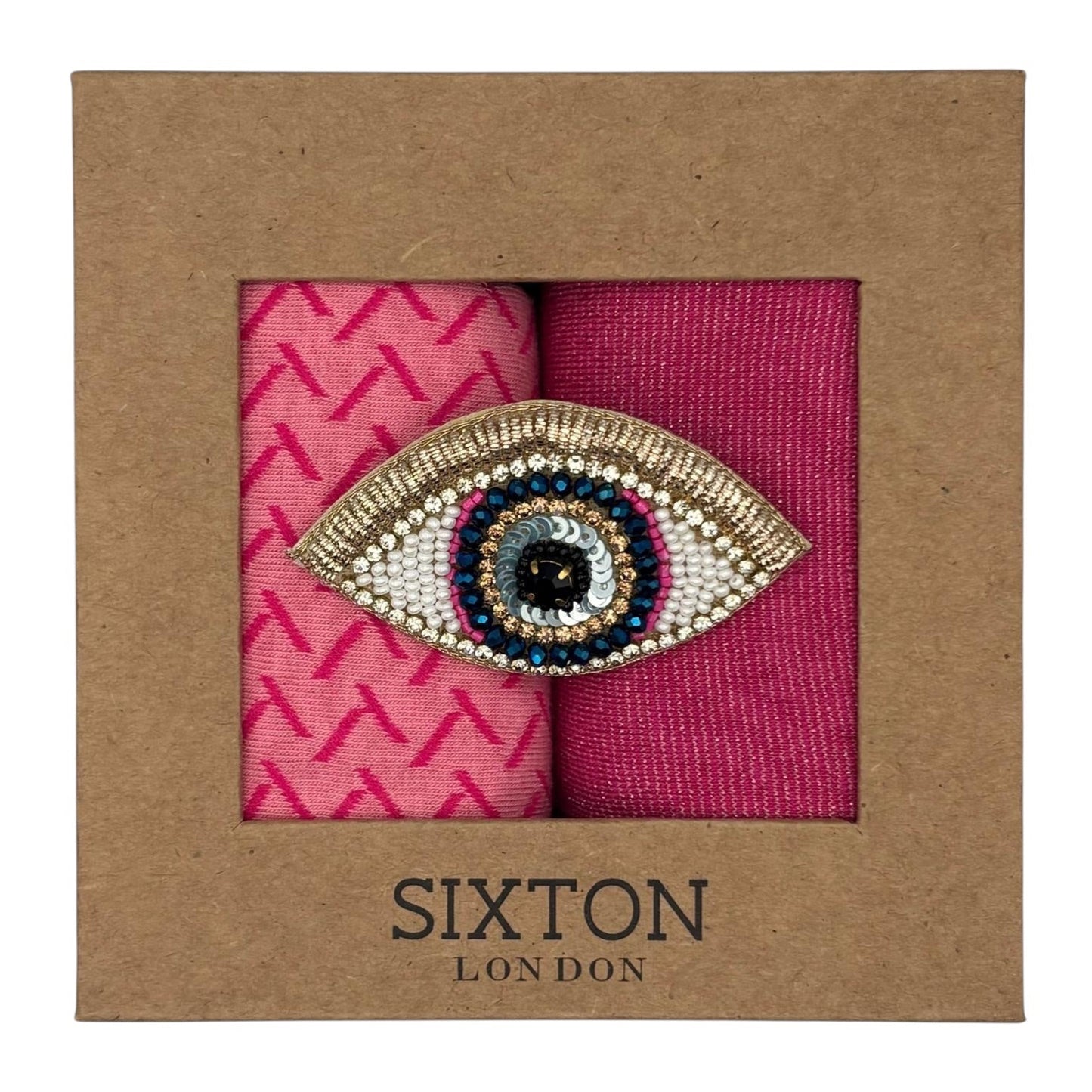 Pink Kyoto & Tokyo sock box duo with embroidered brooch