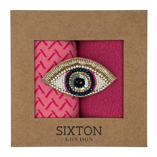 Pink Kyoto & Tokyo sock box duo with embroidered brooch