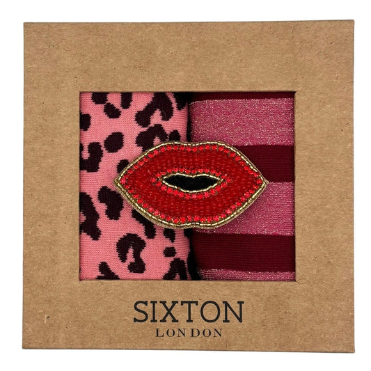 Pink Leopard & Red Berlin sock box duo with embroidered brooch