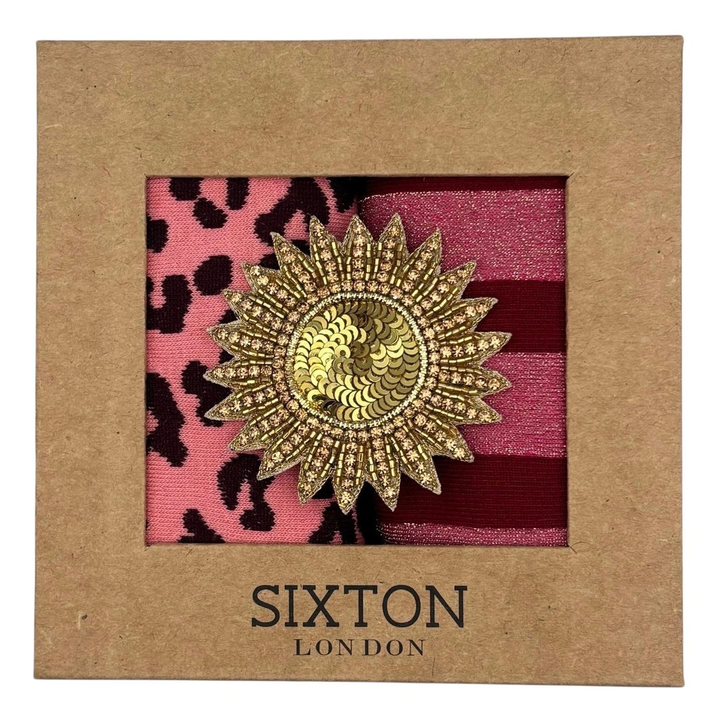 Pink Leopard & Red Berlin sock box duo with embroidered brooch