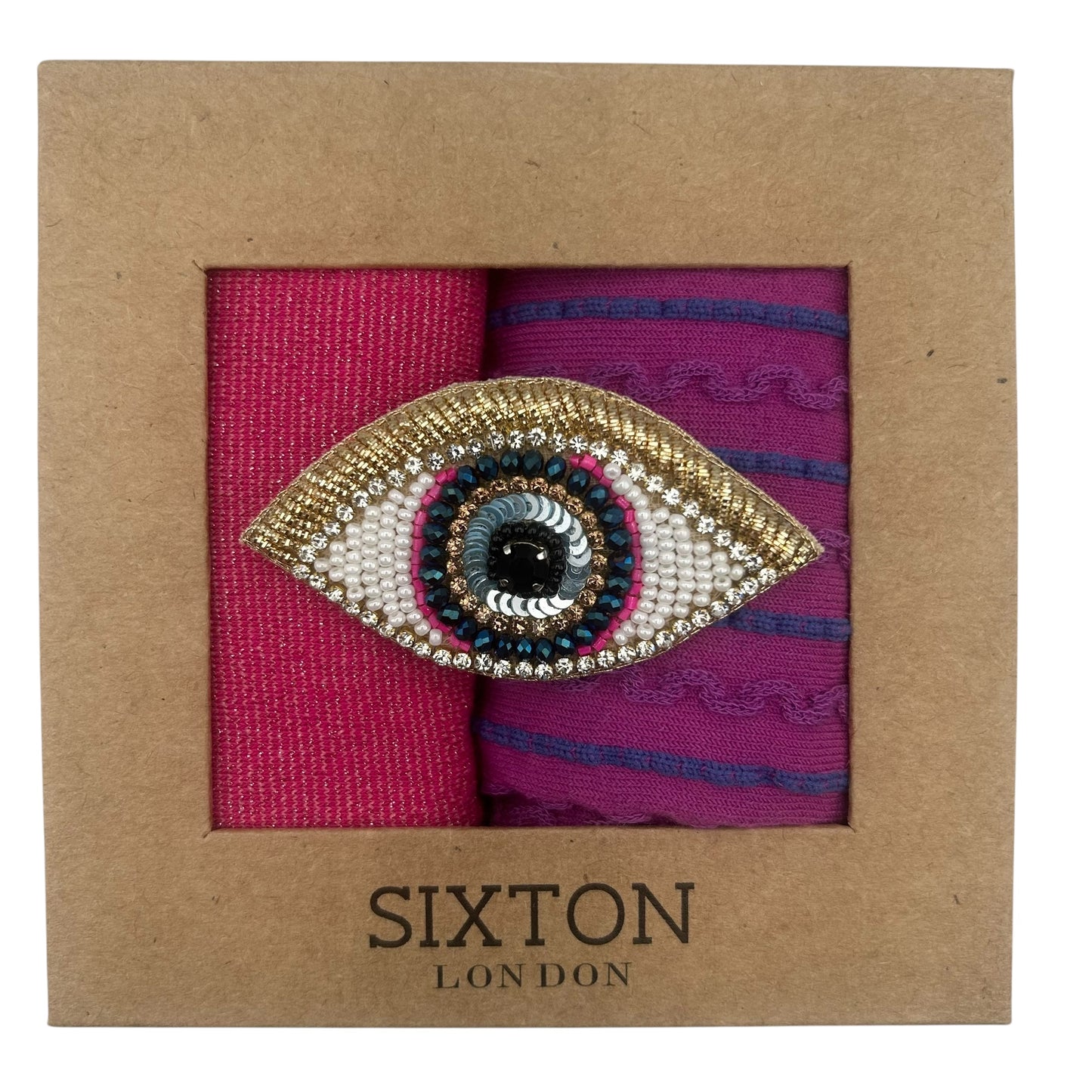 Pink Tokyo & Purple Lyon sock box duo with embroidered brooch