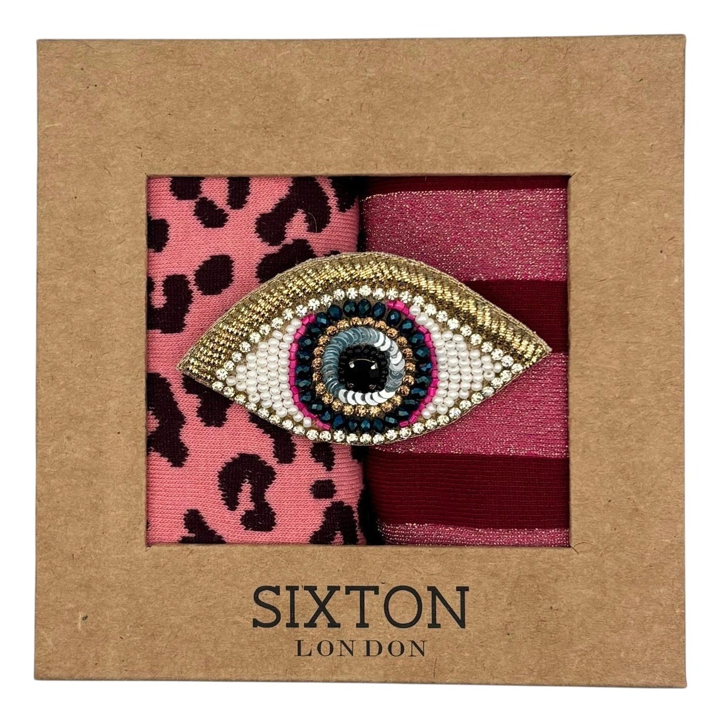 Red Berlin & Pink Leopard sock box duo with embroidered brooch