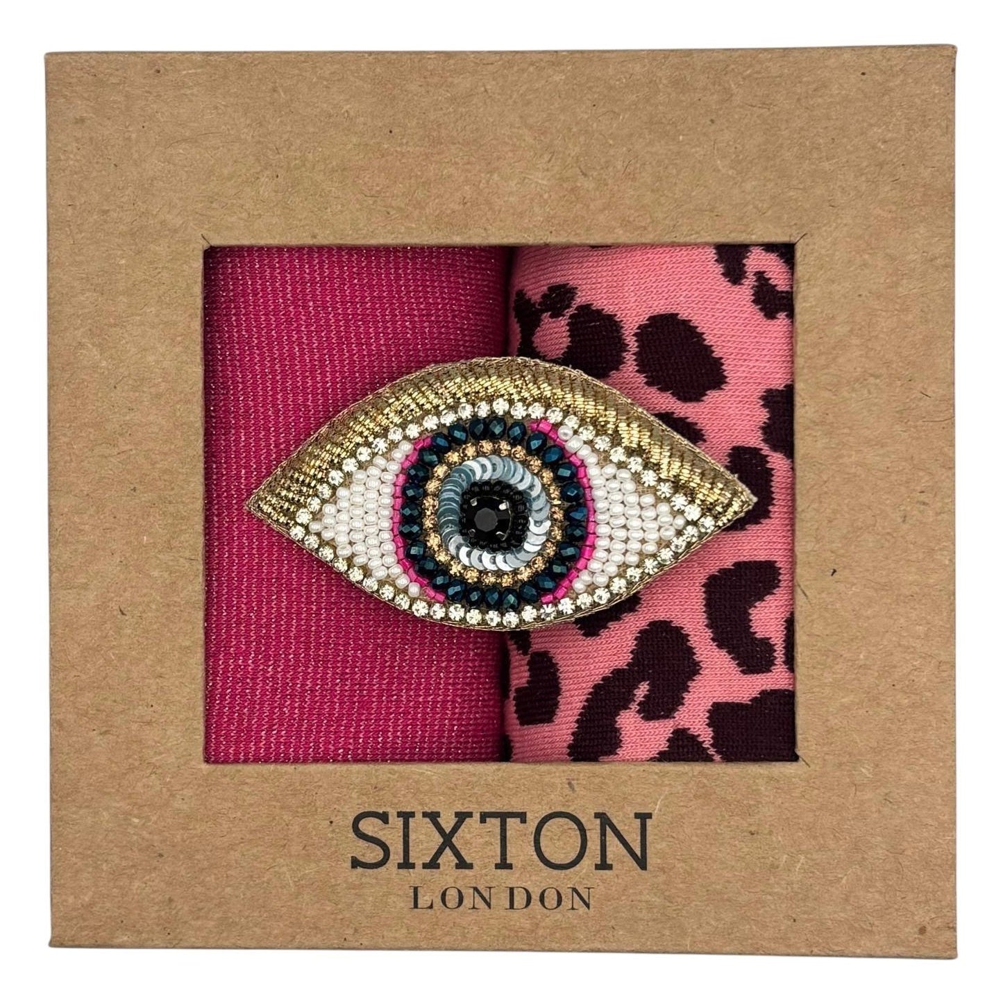 Pink Tokyo & Pink Leopard sock box duo with embroidered brooch