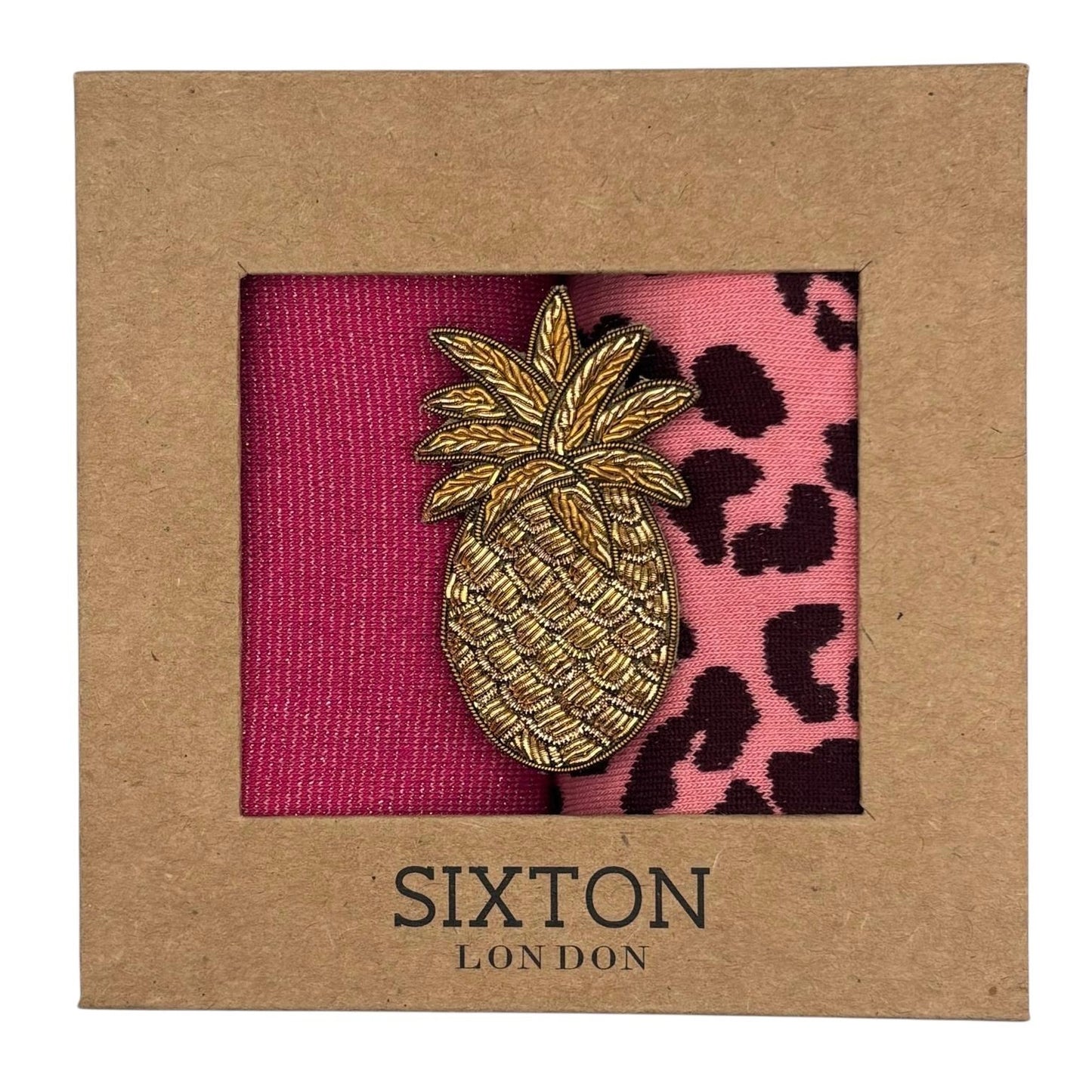 Pink Tokyo & Pink Leopard sock box duo with embroidered brooch