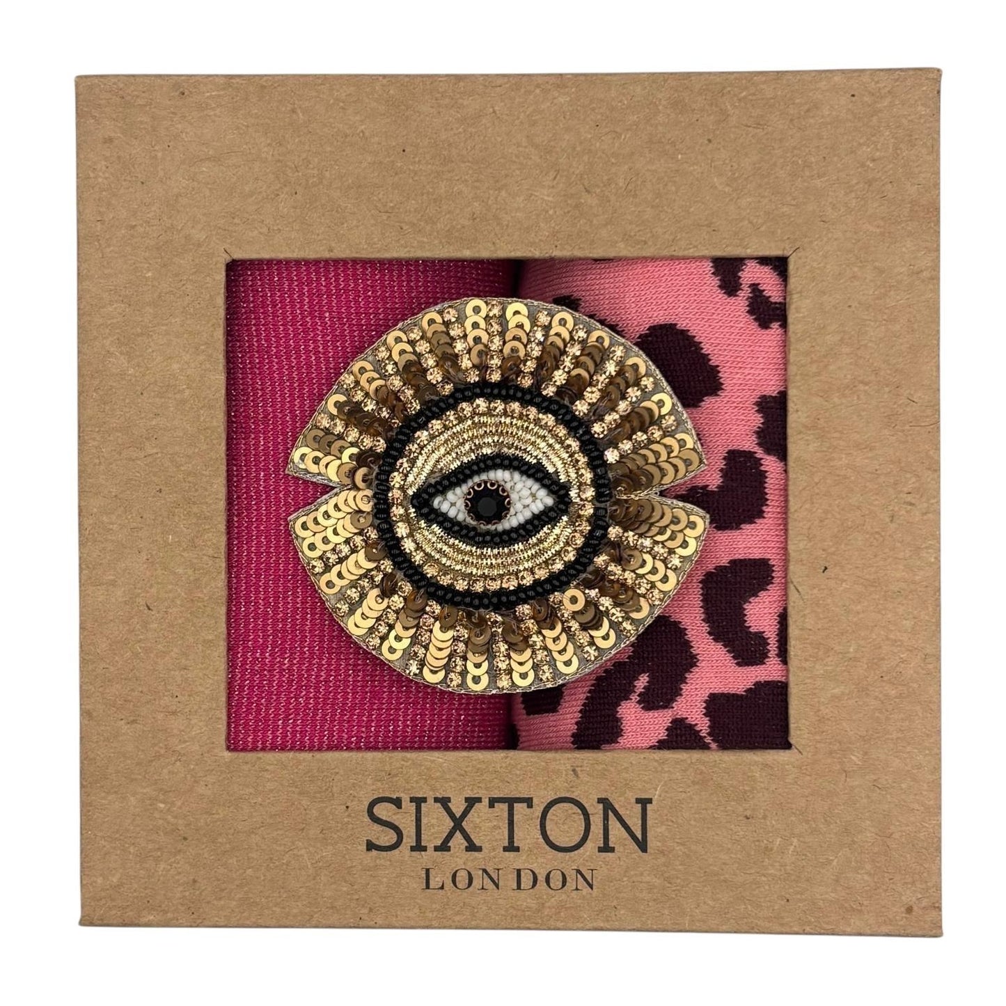 Pink Tokyo & Pink Leopard sock box duo with embroidered brooch