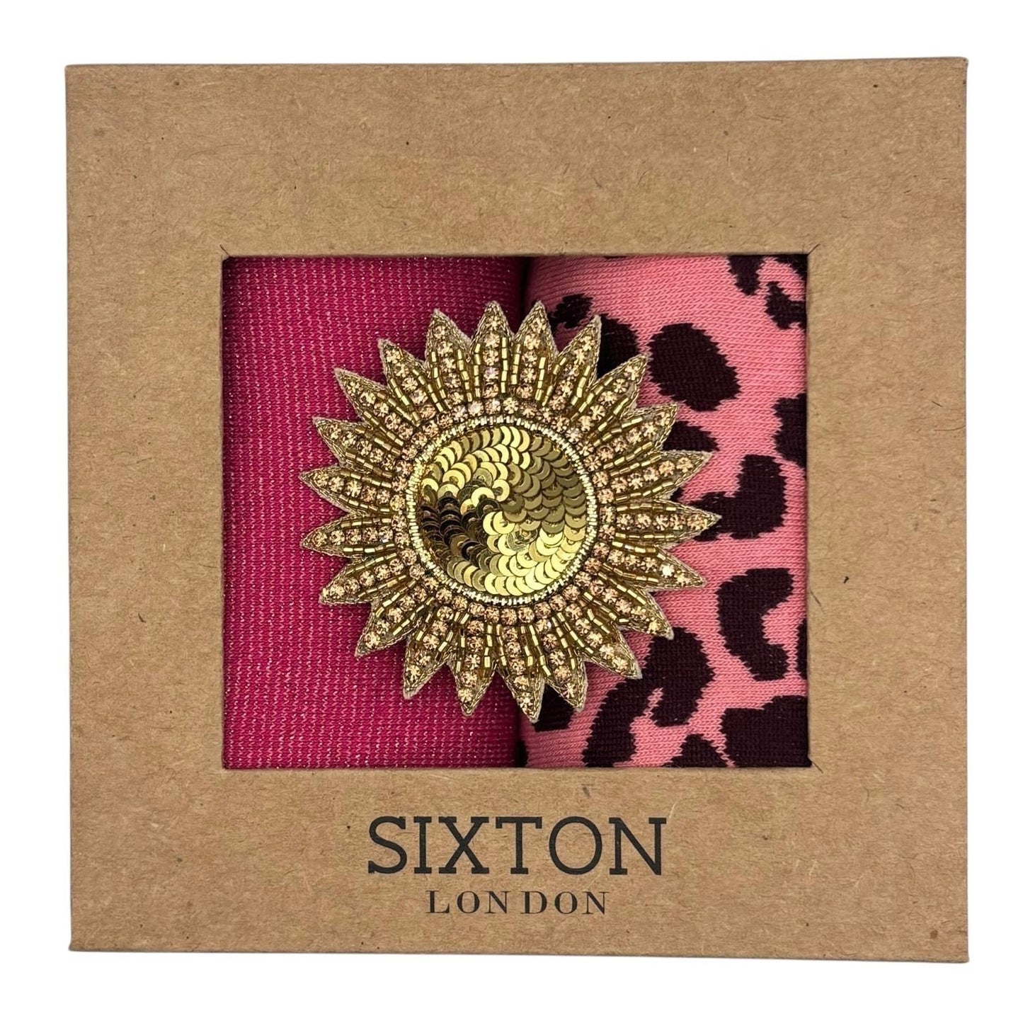 Pink Tokyo & Pink Leopard sock box duo with embroidered brooch