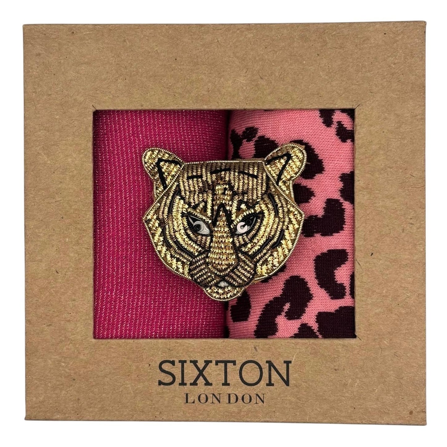 Pink Tokyo & Pink Leopard sock box duo with embroidered brooch