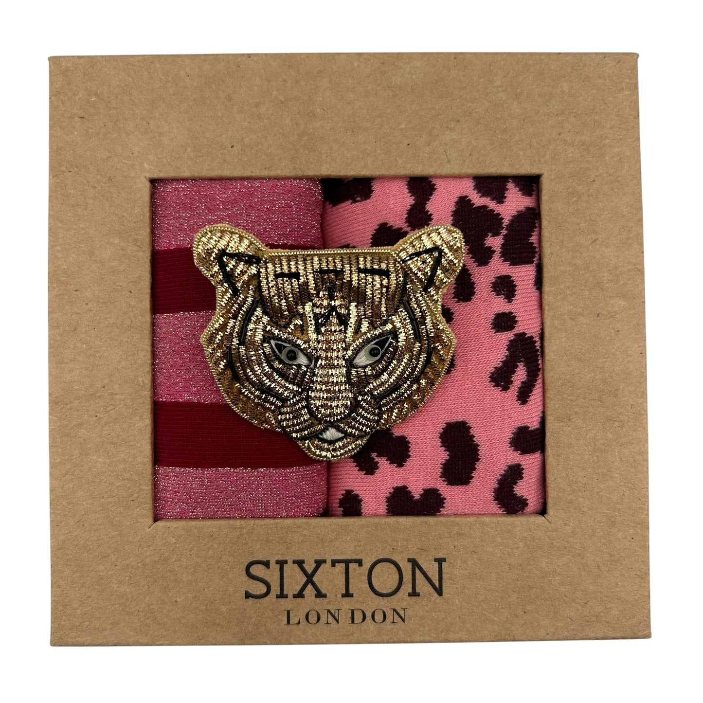 Red Berlin & Pink Leopard sock box duo with embroidered brooch