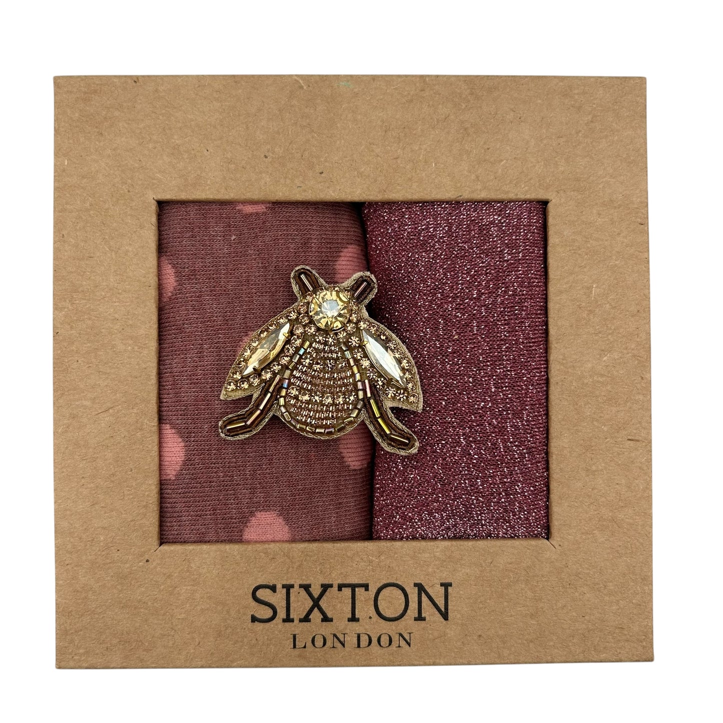 Pink Porto &  Rio sock box duo with an embroidered brooch