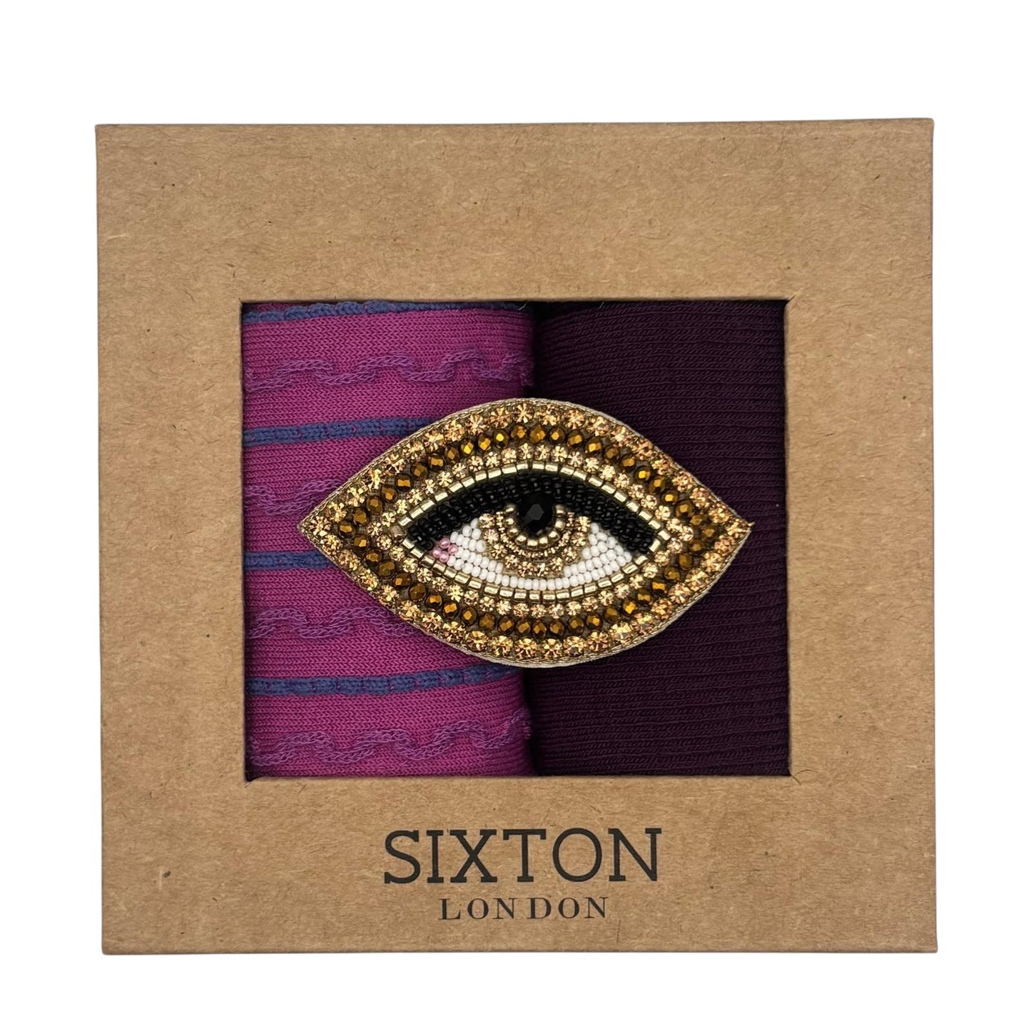 Purple Barcelona & Lyon sock box duo with embroidered brooch
