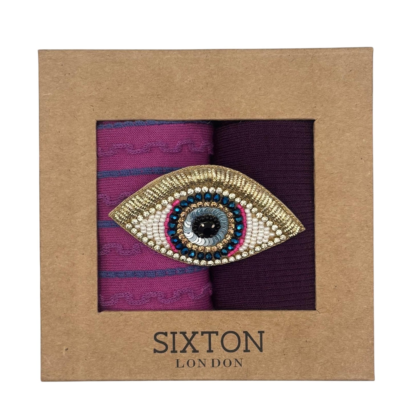 Purple Barcelona & Lyon sock box duo with embroidered brooch