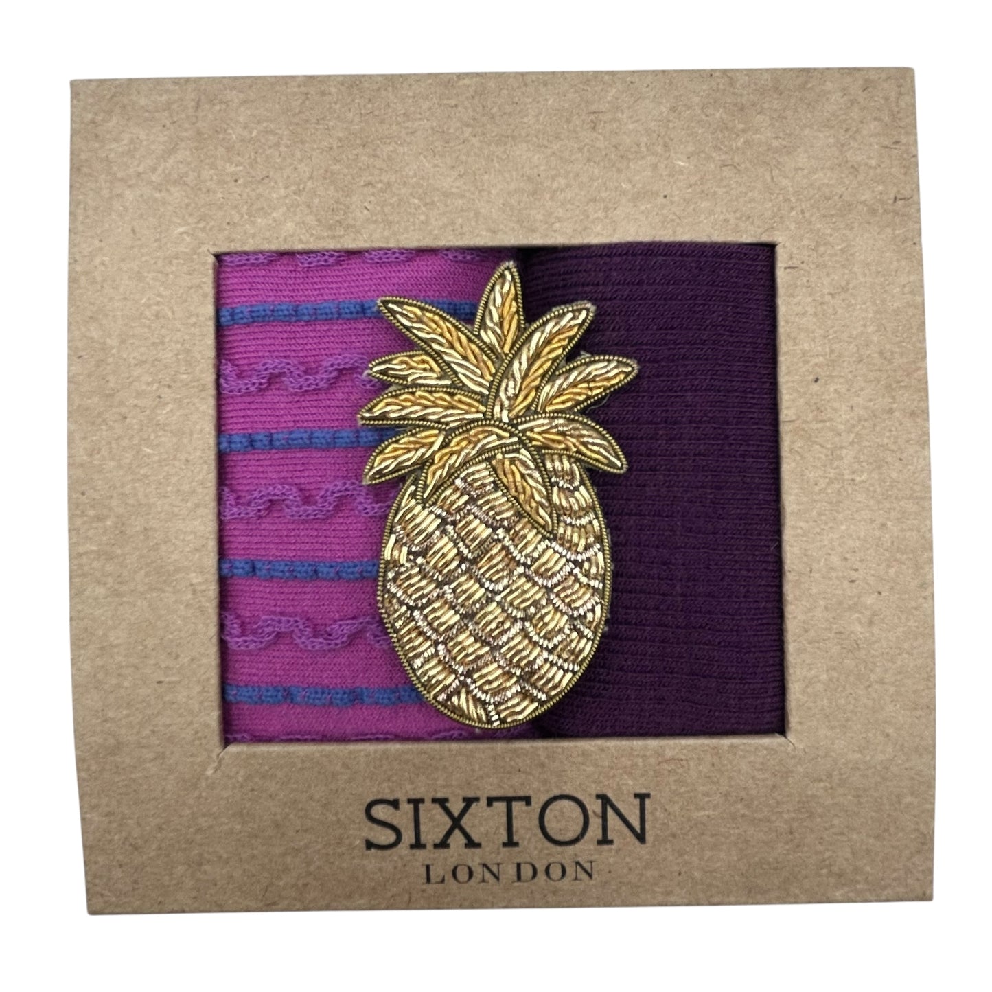 Purple Barcelona & Lyon sock box duo with embroidered brooch