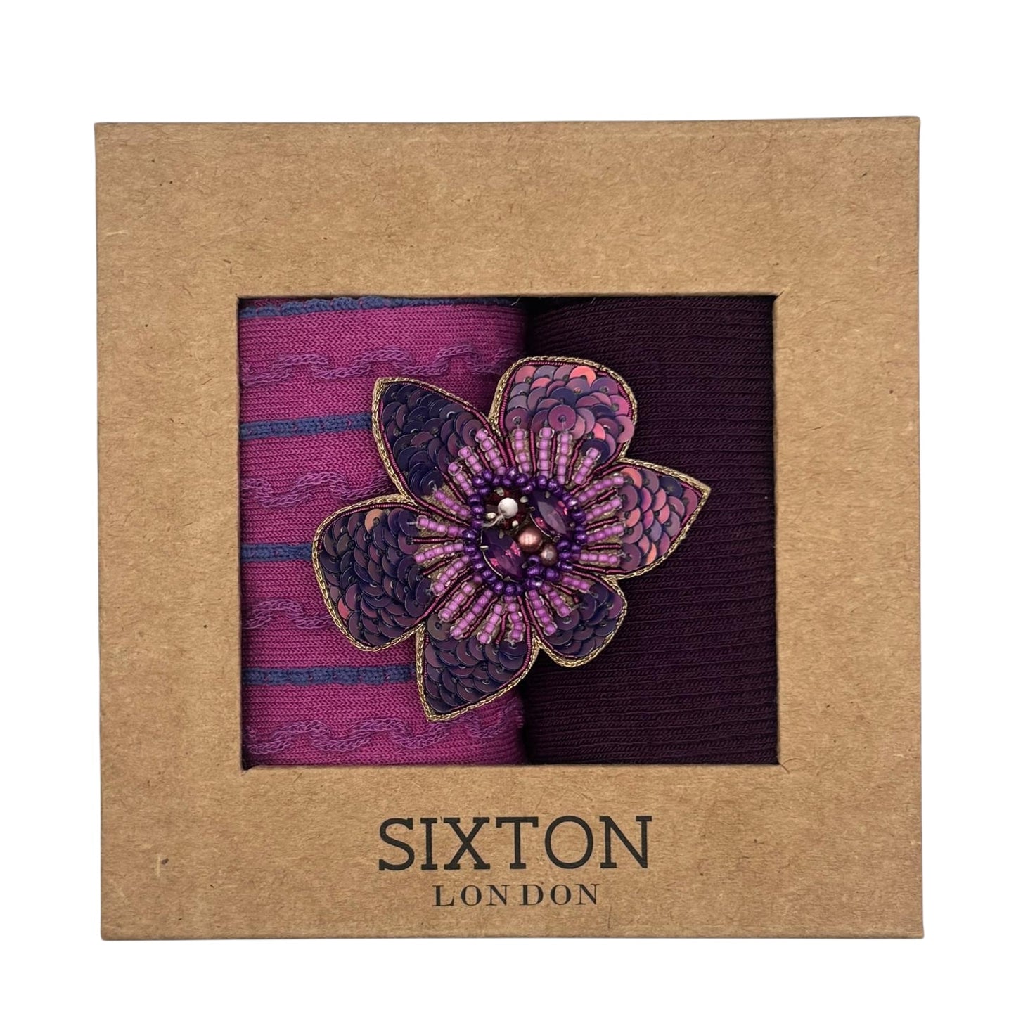Purple Barcelona & Lyon sock box duo with embroidered brooch