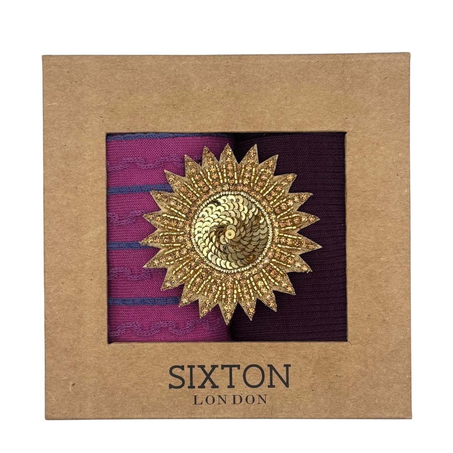 Purple Barcelona & Lyon sock box duo with embroidered brooch