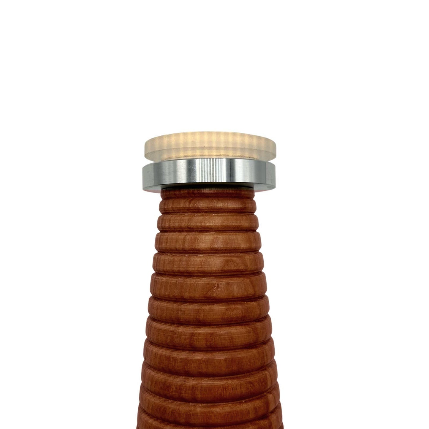 Ribbed Teak style rechargeable touch lamp with hessian shade