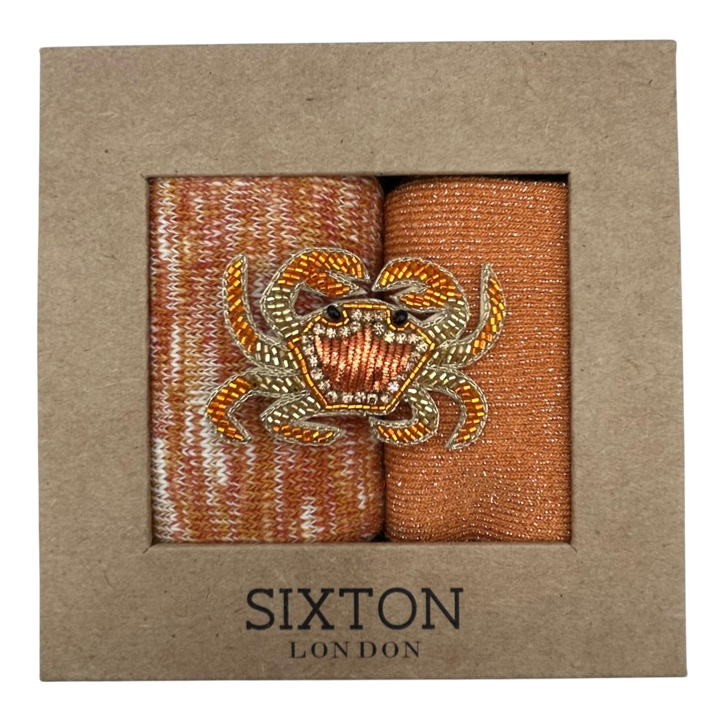 Rust Fargo & Orange Vegas sock box duo with embroidered brooch
