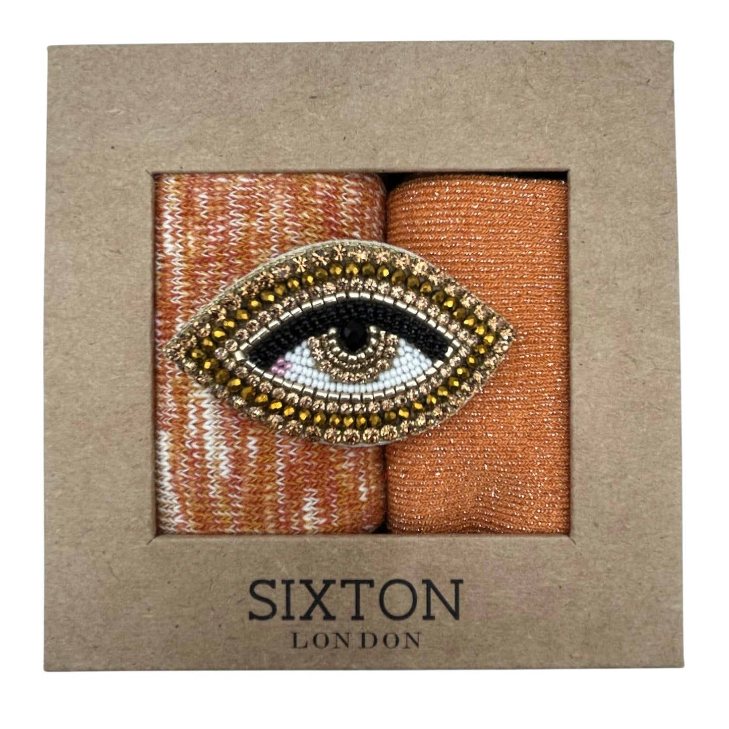 Rust Fargo & Orange Vegas sock box duo with embroidered brooch