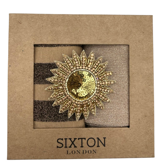 Sand Berlin & Champagne Vegas sock box duo with embroidered brooch